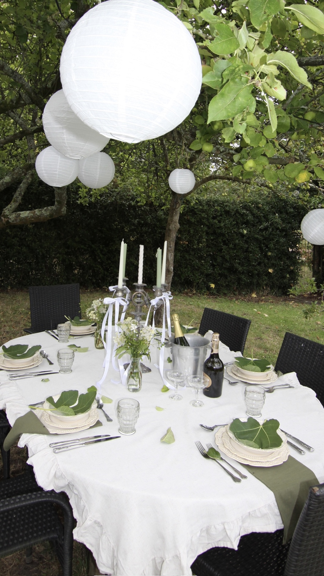 Outdoor table decorated with garden themed items